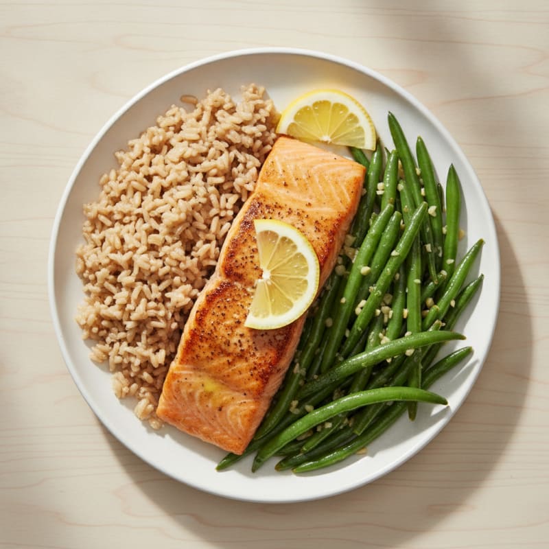 Seared Salmon with Garlic Green Beans and Brown Rice