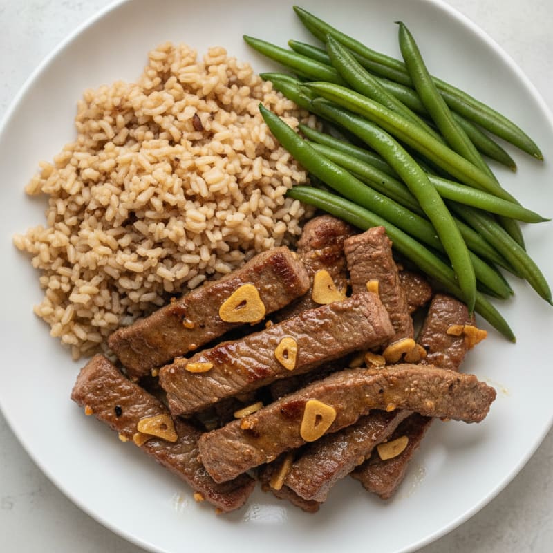 Seared Beef Strips with Brown Rice and Steamed Green Beans