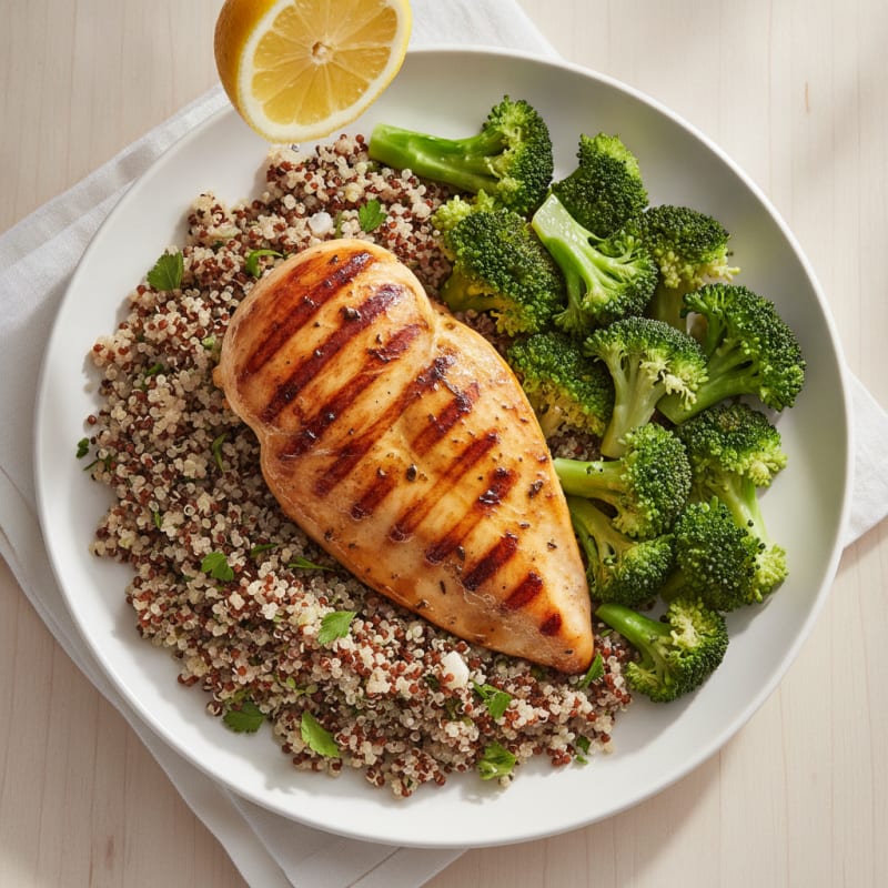 Grilled Chicken Breast with Quinoa and Steamed Broccoli