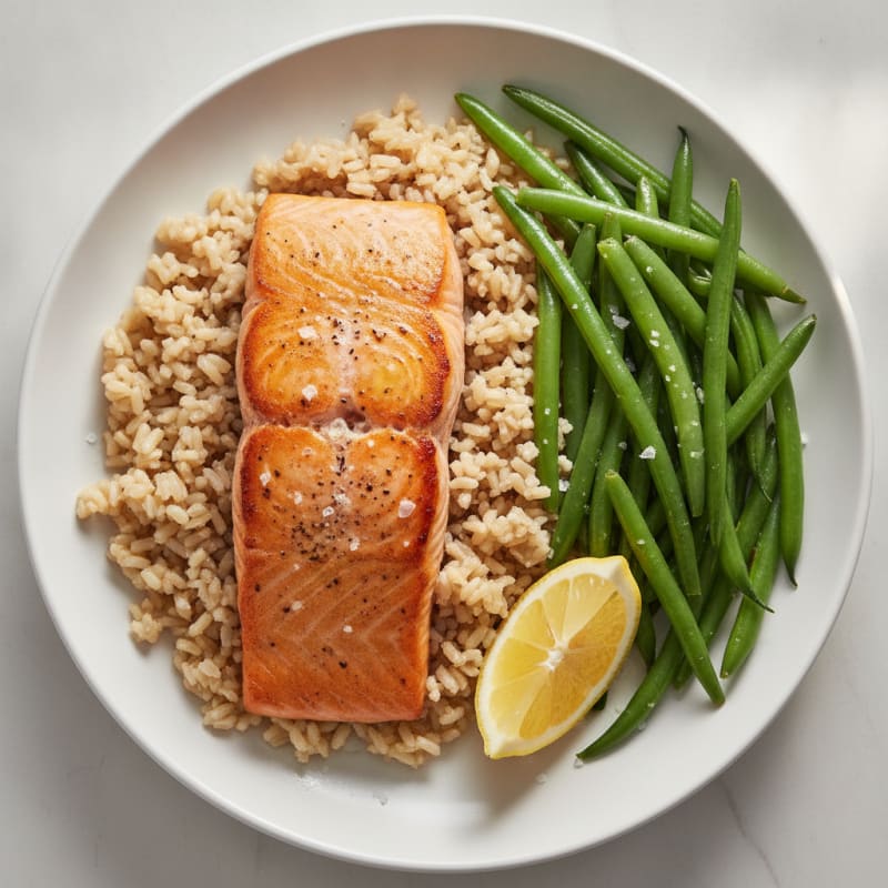 Seared Salmon Fillet with Steamed Green Beans and Brown Rice