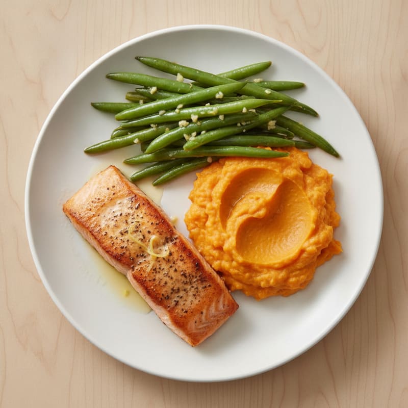 Seared Salmon with Garlic Green Beans and Sweet Potato Mash
