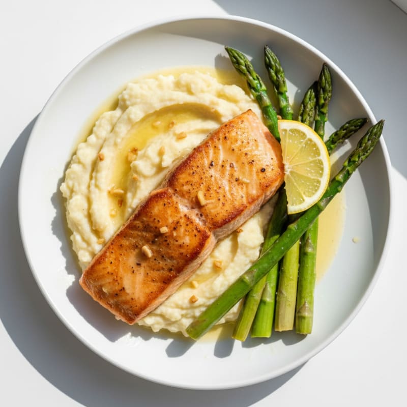 Seared Salmon with Roasted Asparagus and Cauliflower Mash