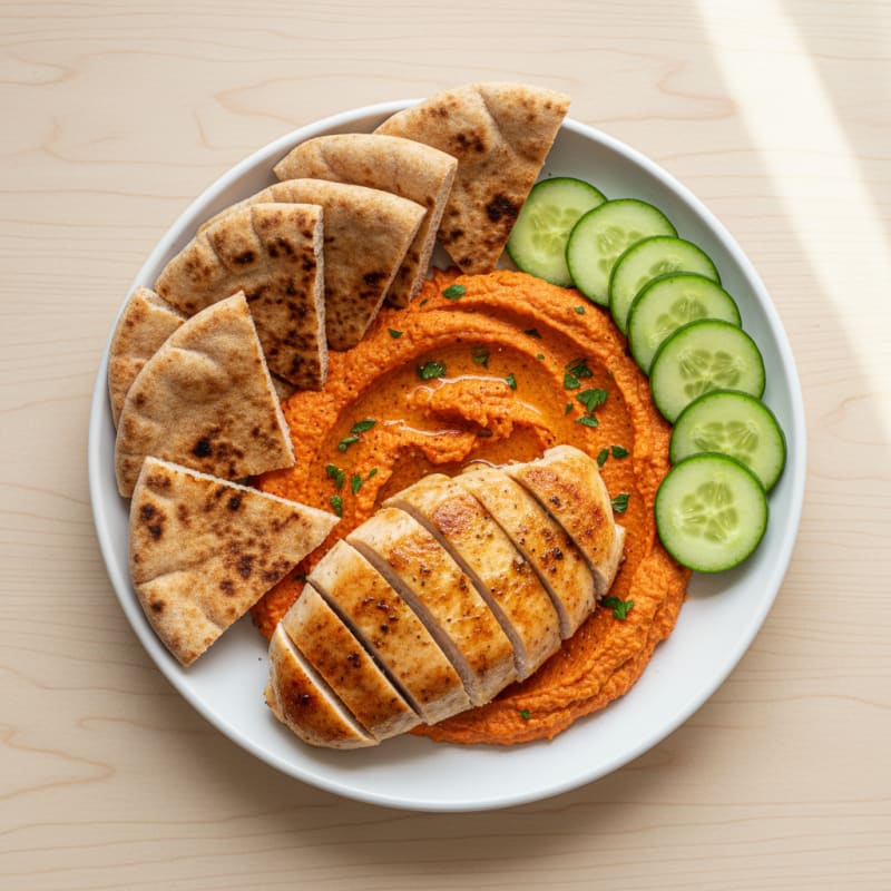Roasted Red Pepper Hummus with Toasted Pita and Chicken