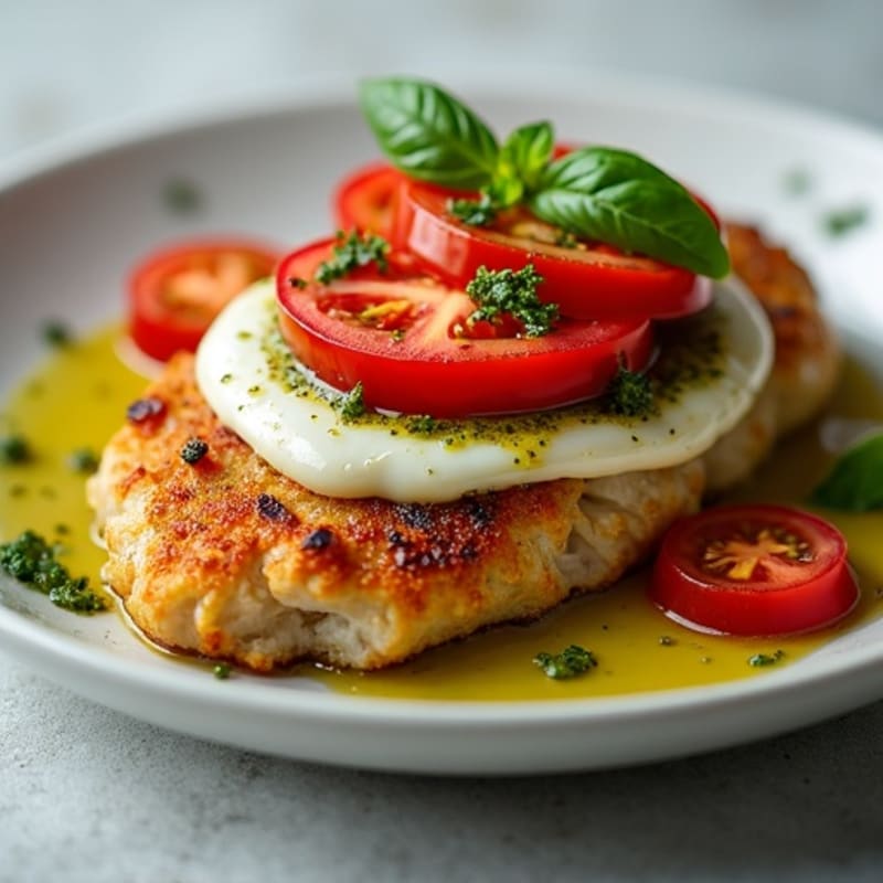 Crispy Pan-Seared Chicken with Creamy Mozzarella, Fresh Tomatoes, and Basil Pesto