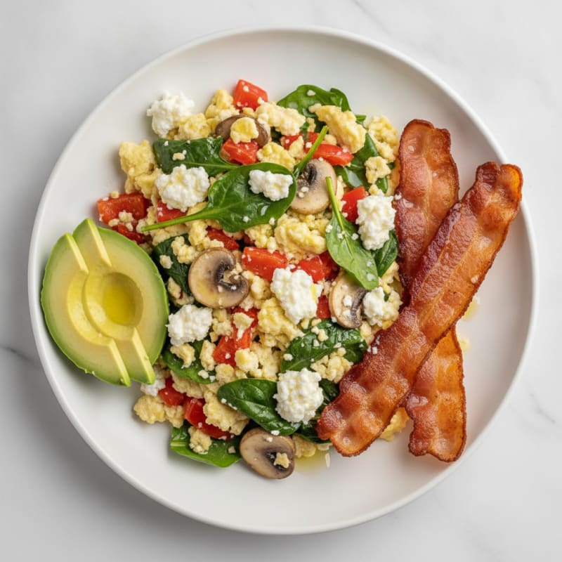 Egg White Veggie Scramble with Cottage Cheese and Turkey Bacon