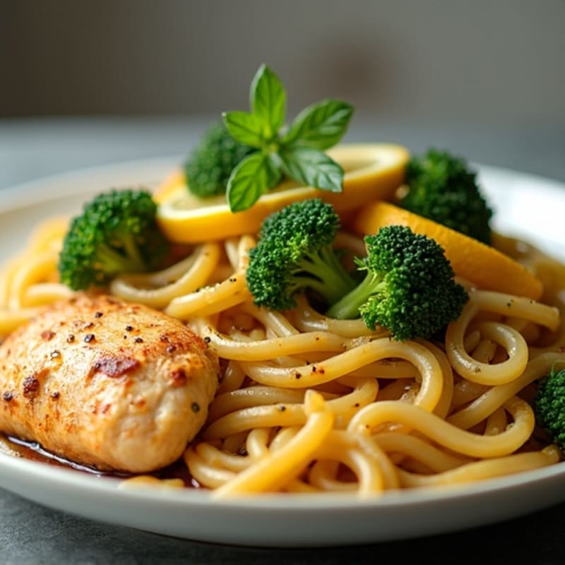 Lemon Garlic Chicken with Whole Wheat Linguine and Crispy Broccolini