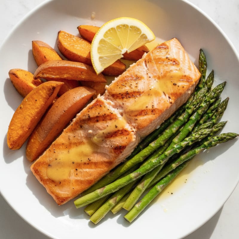Seared Salmon with Roasted Sweet Potatoes and Asparagus