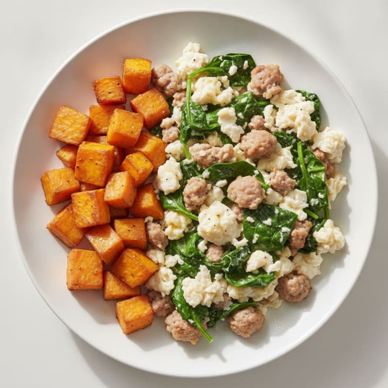 Egg White and Turkey Sausage Scramble with Spinach and Roasted Sweet Potato