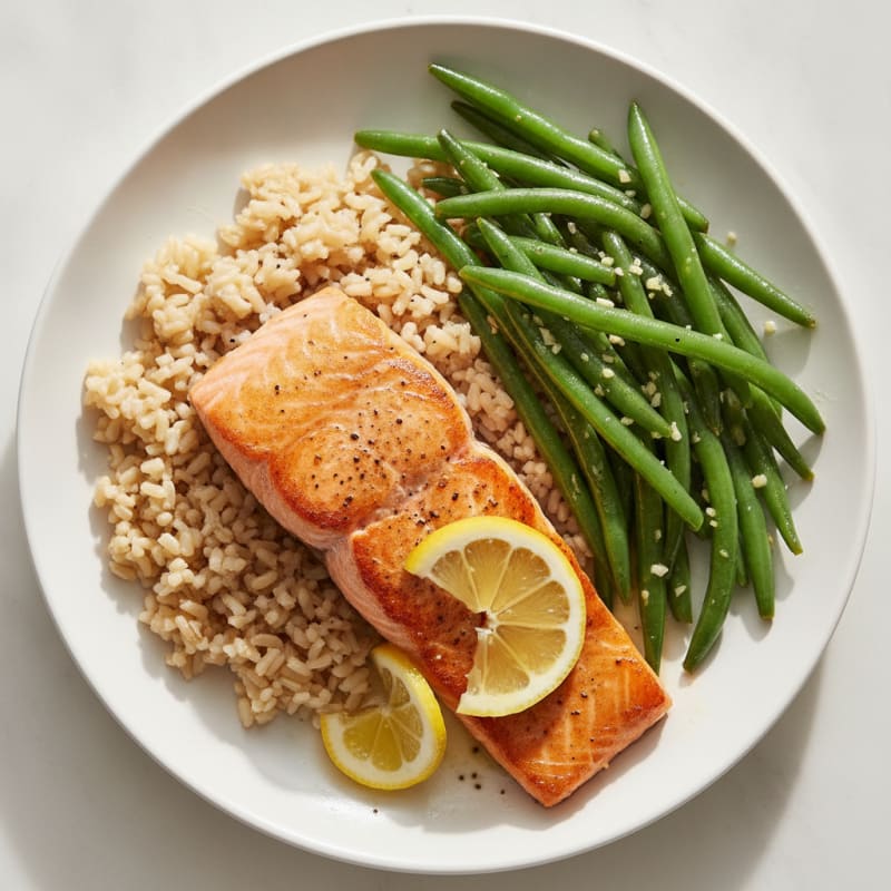 Seared Salmon Fillet with Garlic Green Beans and Brown Rice