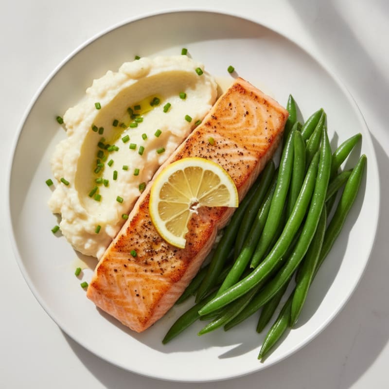 Seared Salmon with Steamed Green Beans and Garlic Mashed Cauliflower