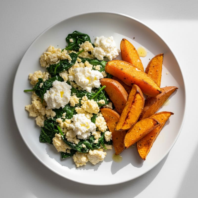 Egg White and Spinach Scramble with Cottage Cheese and Roasted Sweet Potato