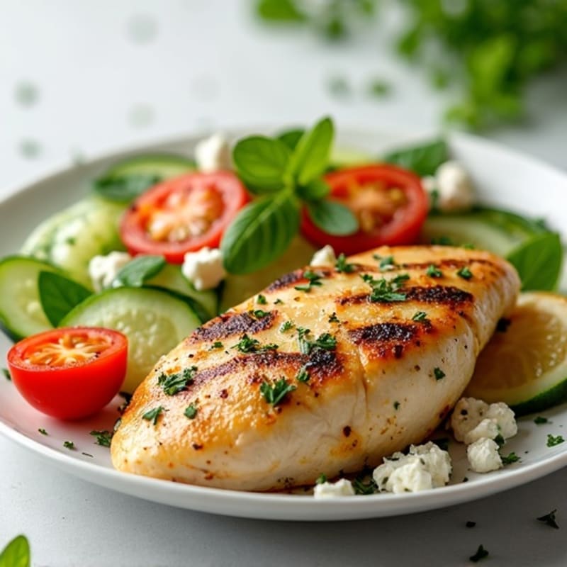 Lemon Herb Grilled Chicken with Fresh Cucumber Tomato Feta Salad
