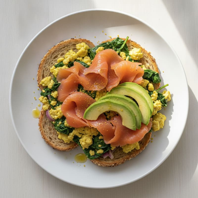 Silky Tofu Scramble with Spinach and Smoked Salmon