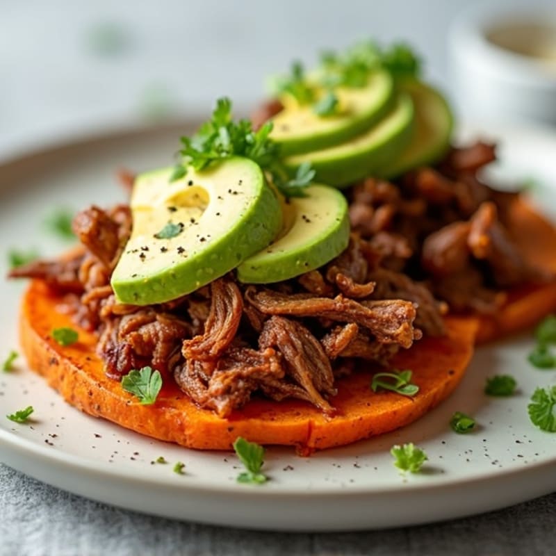 Smoky Pulled Pork with Crispy Sweet Potato Rounds and Creamy Avocado Topping