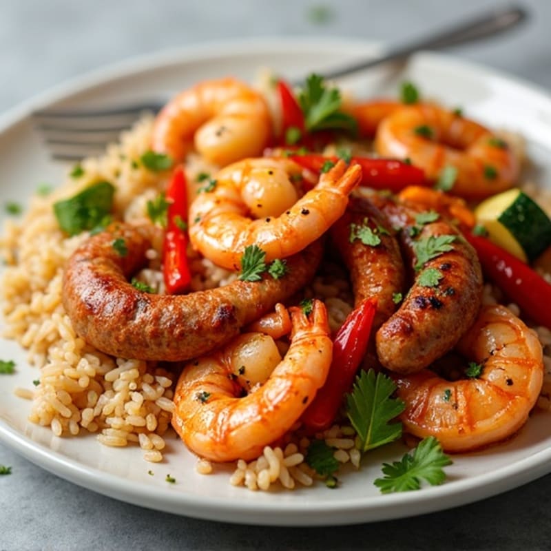 Spicy Chicken, Shrimp, and Lean Sausage Skillet with Fluffy Brown Rice and Sautéed Vegetables