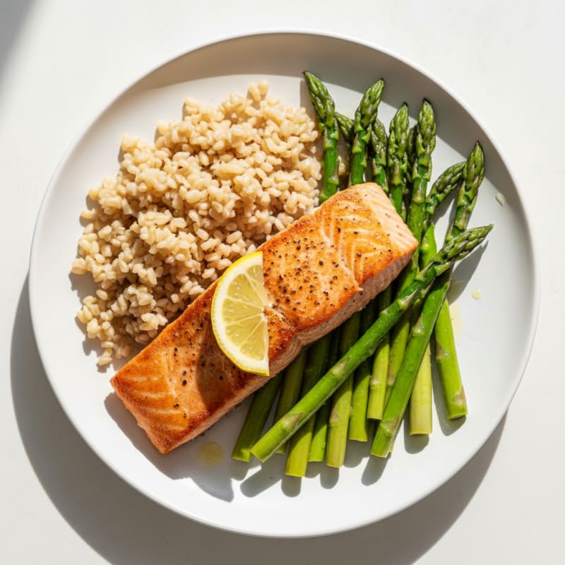 Seared Salmon with Steamed Asparagus and Brown Rice