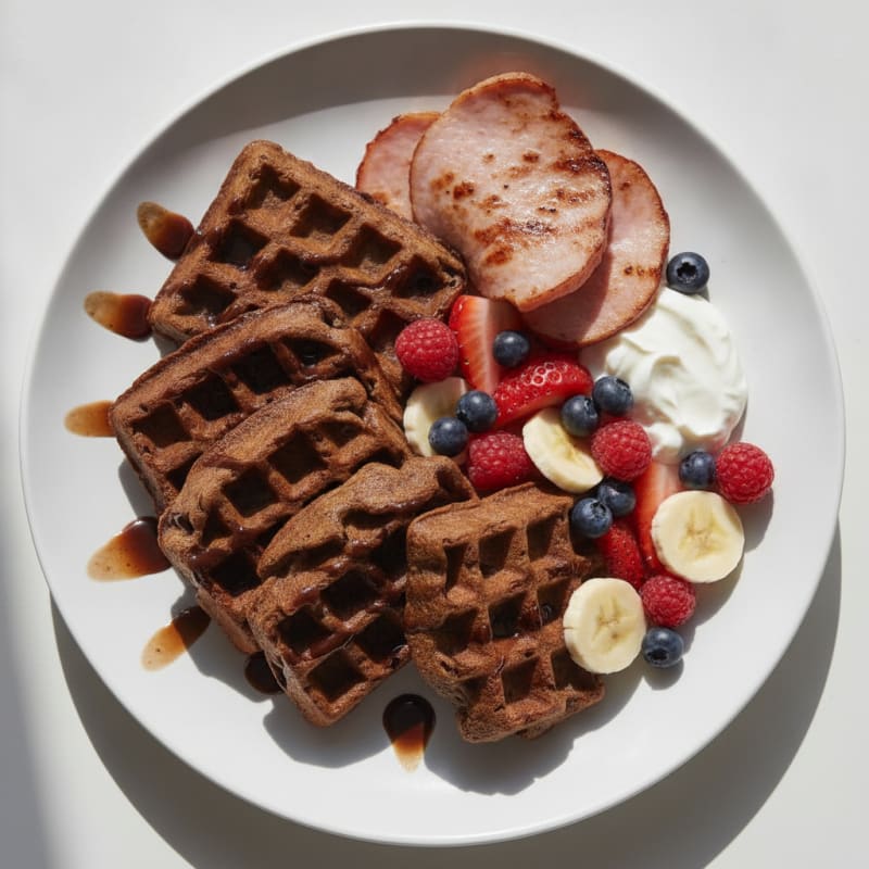 Banana-Cacao Protein Waffles with Fresh Fruit