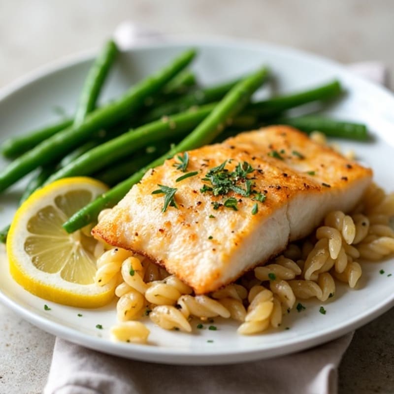 Seared Cod with Garlic Green Beans and Whole Wheat Pasta