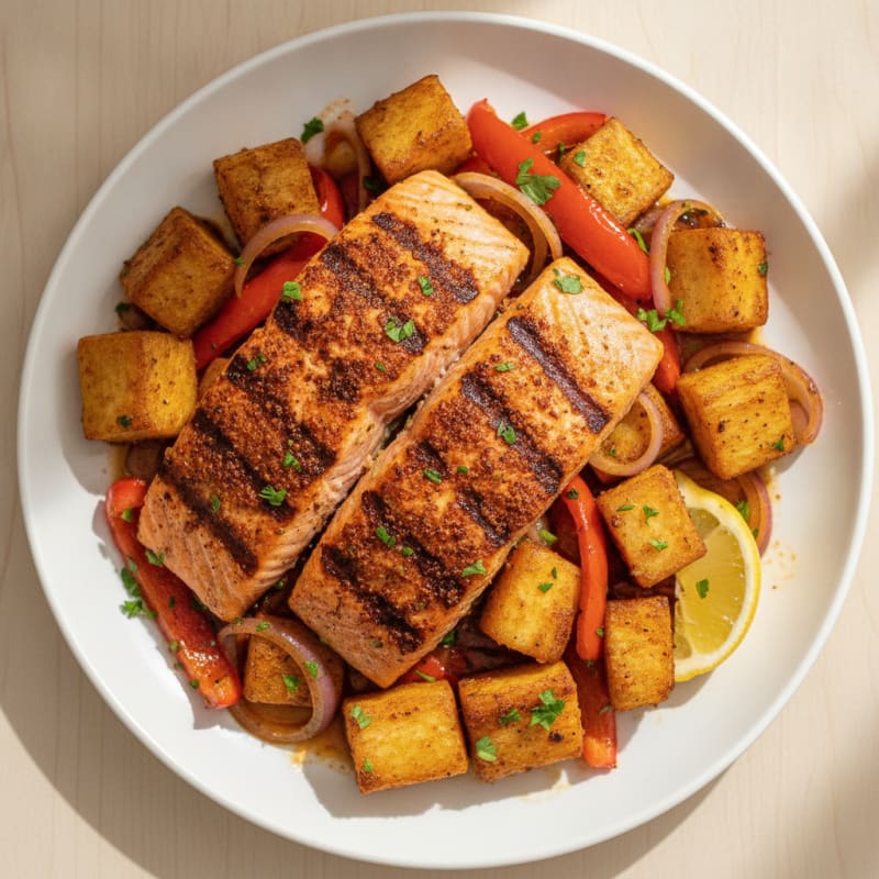 Suya-Spiced Grilled Salmon with Roasted Yam and Peppers