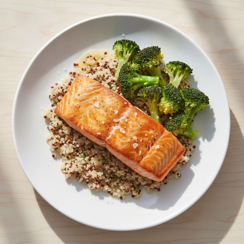 Seared Salmon with Steamed Broccoli and Quinoa