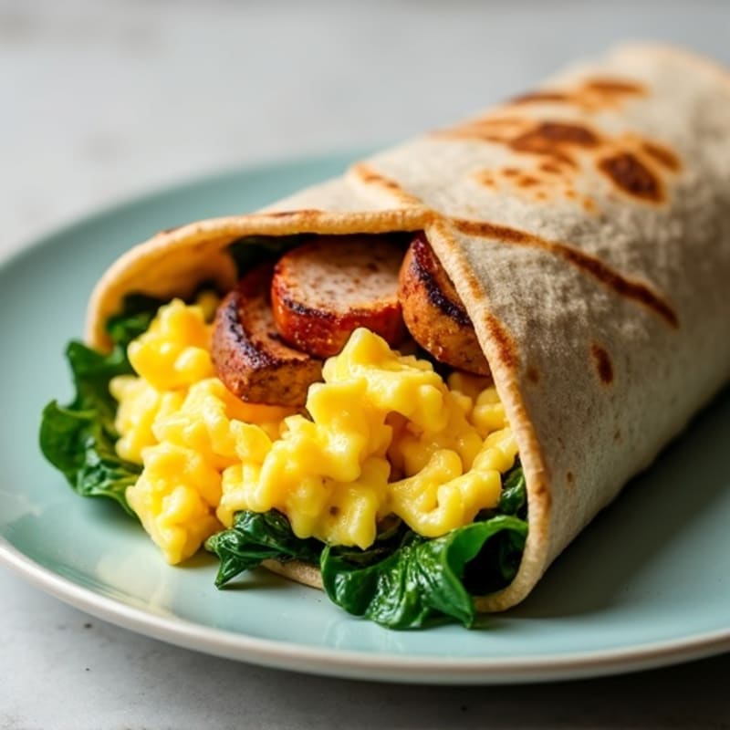 Fluffy Scrambled Egg and Savory Turkey Sausage Breakfast Burrito with Sautéed Spinach