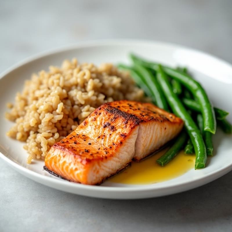 Seared Salmon with Steamed Green Beans and Brown Rice