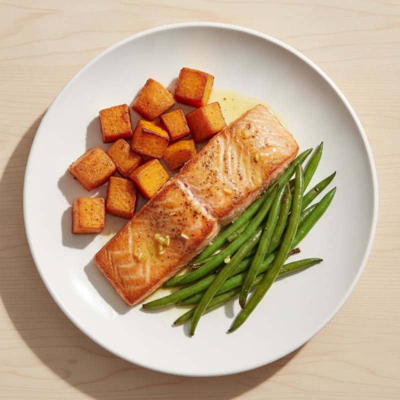 Seared Salmon with Roasted Sweet Potato and Green Beans