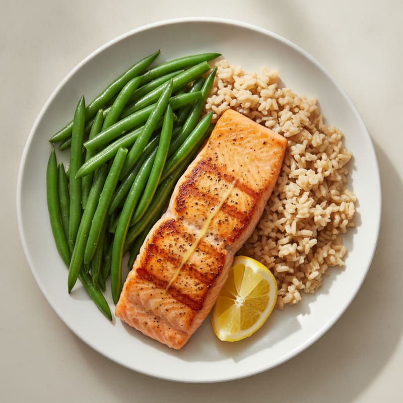 Seared Salmon with Steamed Green Beans and Brown Rice