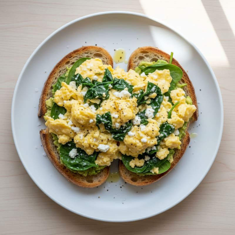 Scrambled Eggs with Cottage Cheese and Spinach on Sourdough Toast