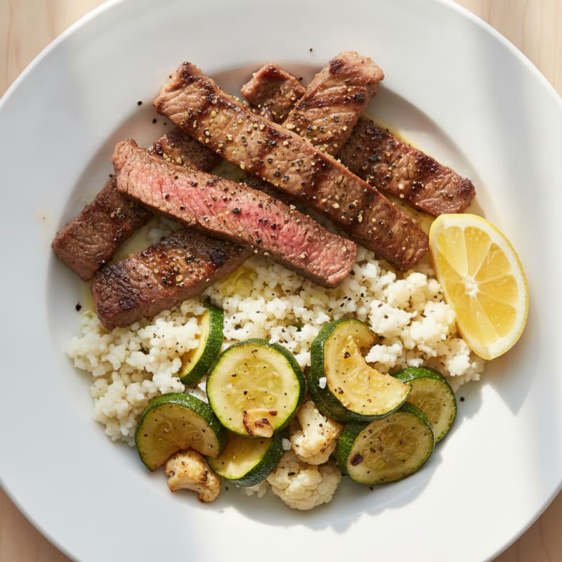Seared Lean Beef Strips with Roasted Zucchini and Cauliflower Rice