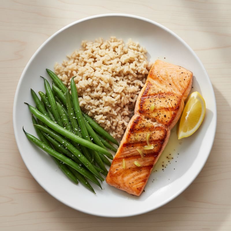 Seared Salmon Fillet with Steamed Green Beans and Brown Rice