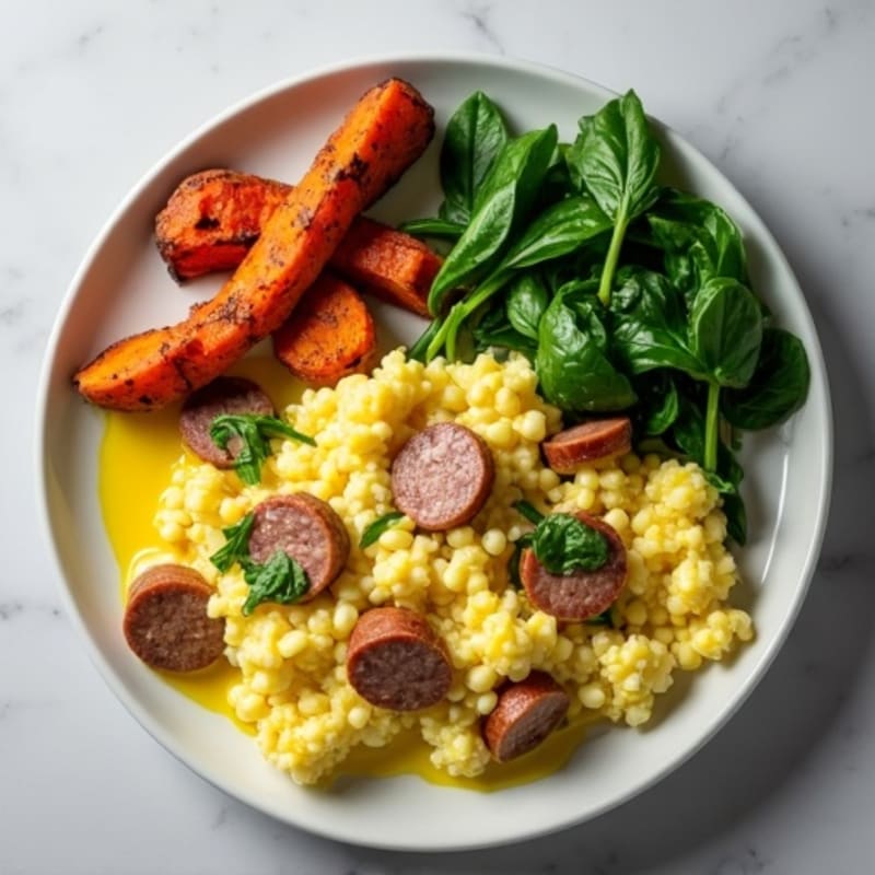 Egg White and Turkey Sausage Scramble with Spinach and Roasted Sweet Potato