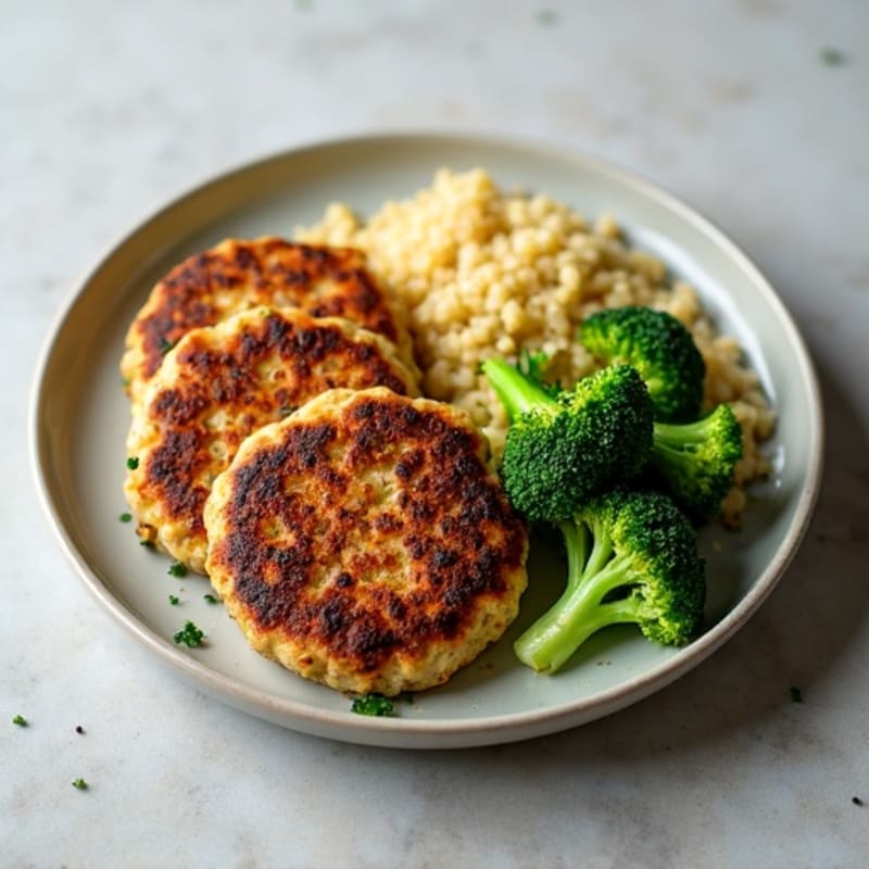 Seared Turkey Patties with Steamed Broccoli and Quinoa