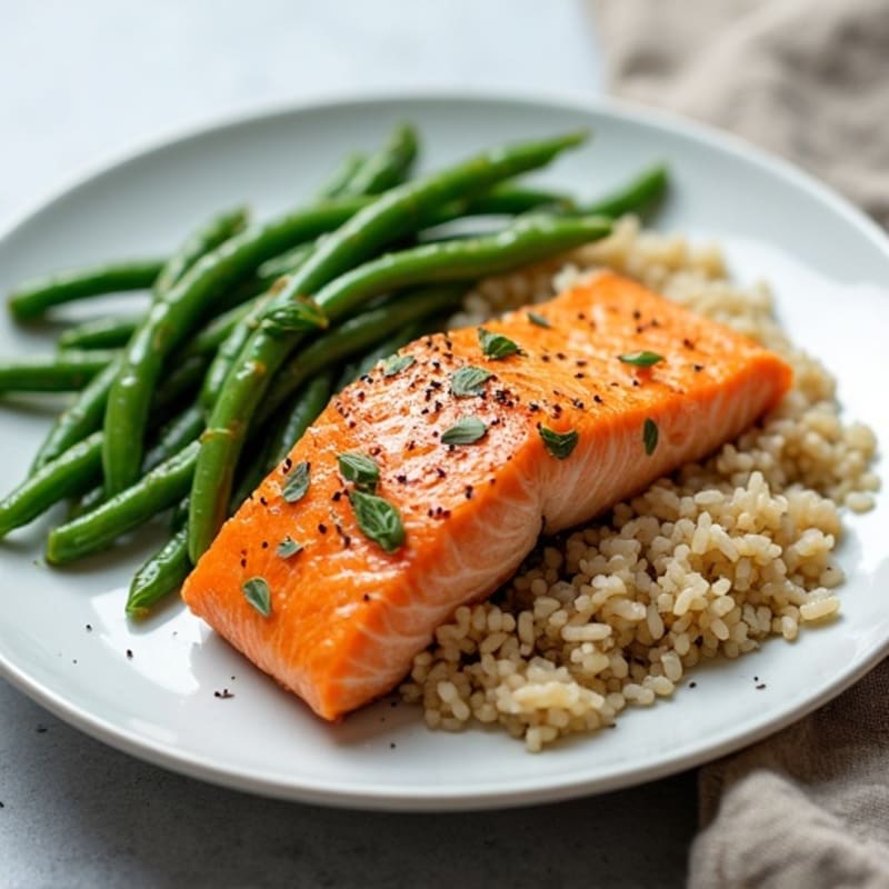 Seared Salmon with Garlic Green Beans and Brown Rice