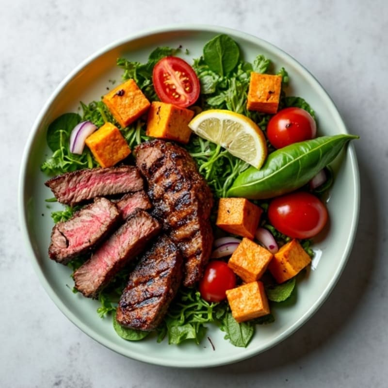 Grilled Steak Salad with Roasted Sweet Potato and Mixed Greens