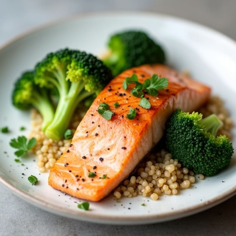 Pan Seared Salmon with Steamed Broccoli and Quinoa