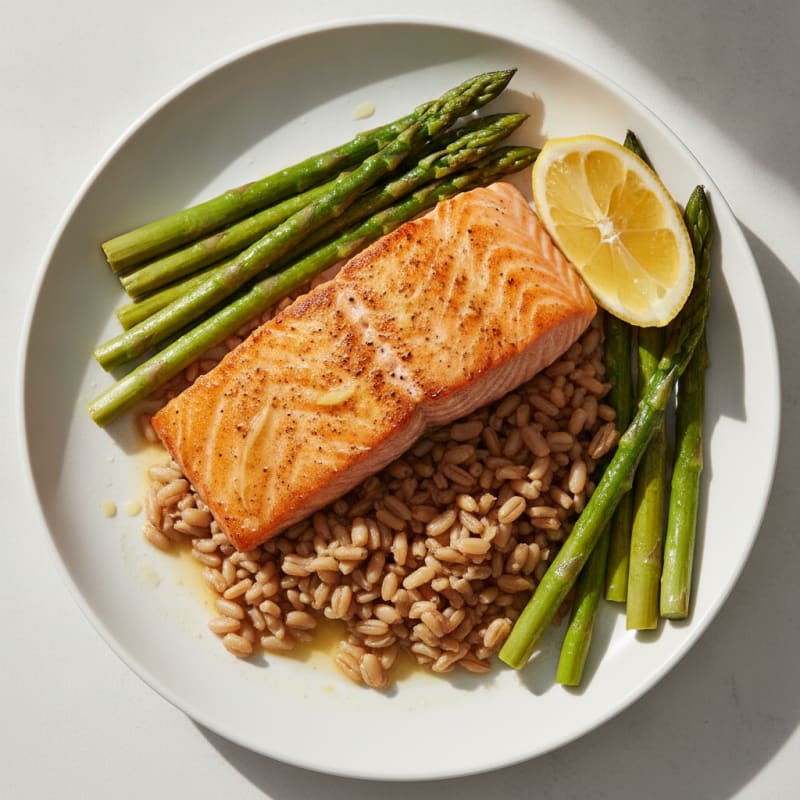 Seared Salmon with Steamed Asparagus and Brown Rice