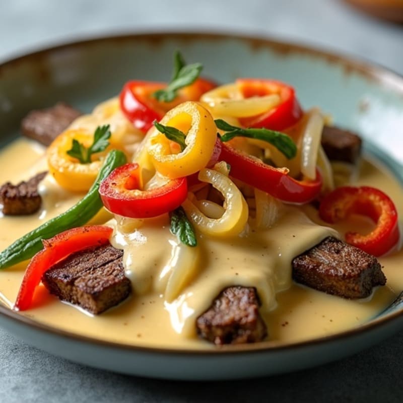 Lean Steak Skillet with Sautéed Peppers, Onions, and Creamy Cheese Sauce