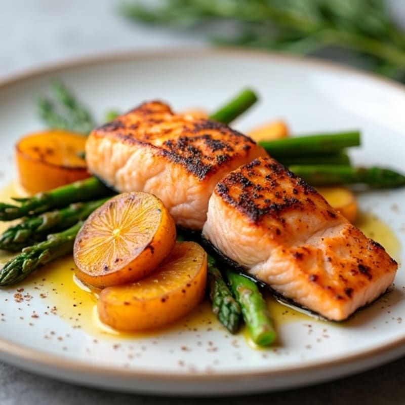 Seared Salmon with Roasted Sweet Potato and Asparagus