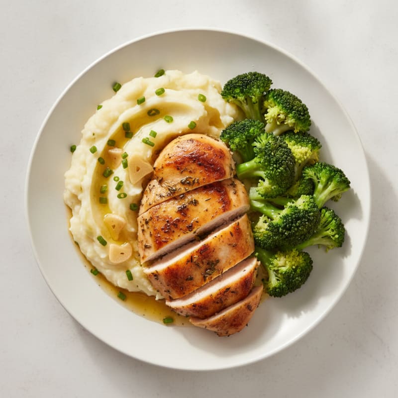Herb-Baked Chicken Breast with Garlic Mashed Potatoes and Steamed Broccoli