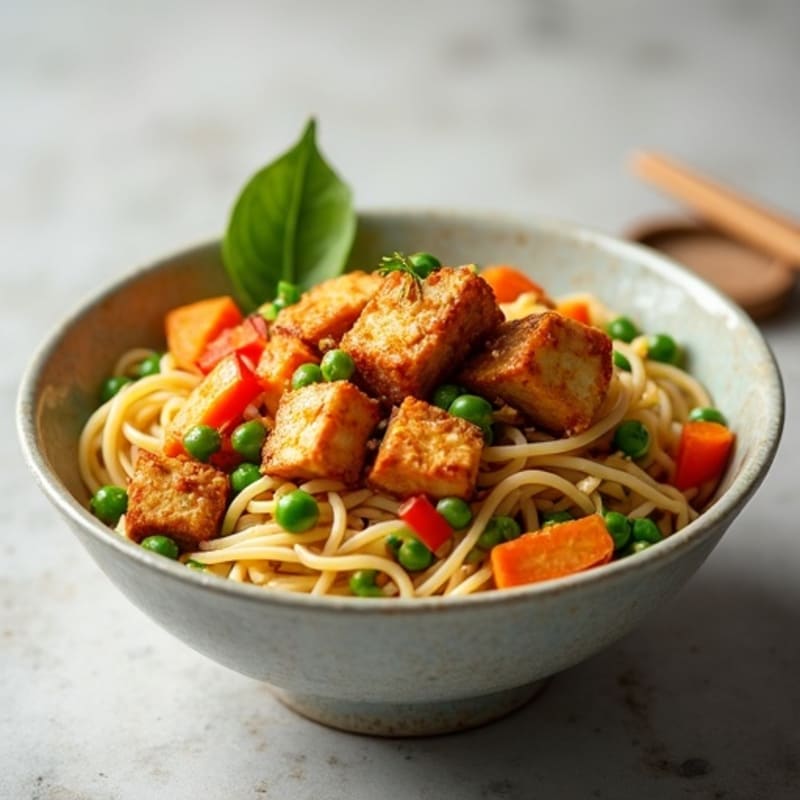 Crispy Tofu and Creamy Peanut Noodles with Fresh Vegetables