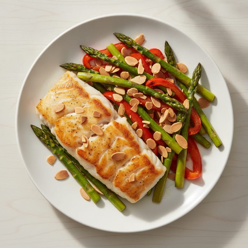 Pan-Seared Fish with Roasted Vegetables and Crunchy Nuts