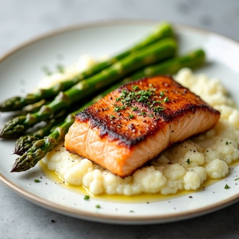 Seared Salmon with Roasted Asparagus and Cauliflower Mash