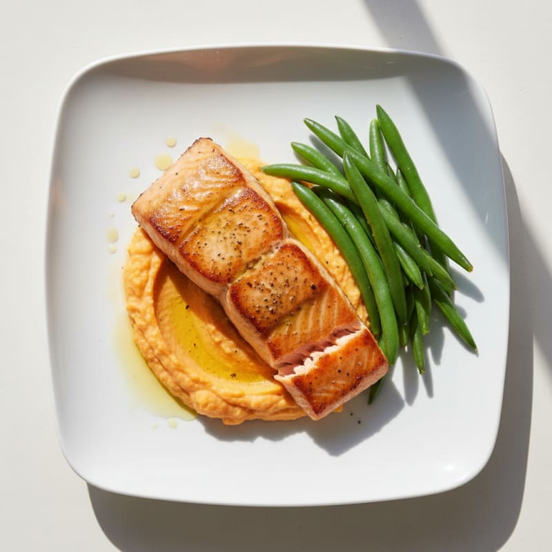 Seared Salmon Fillet with Steamed Green Beans and Sweet Potato Mash