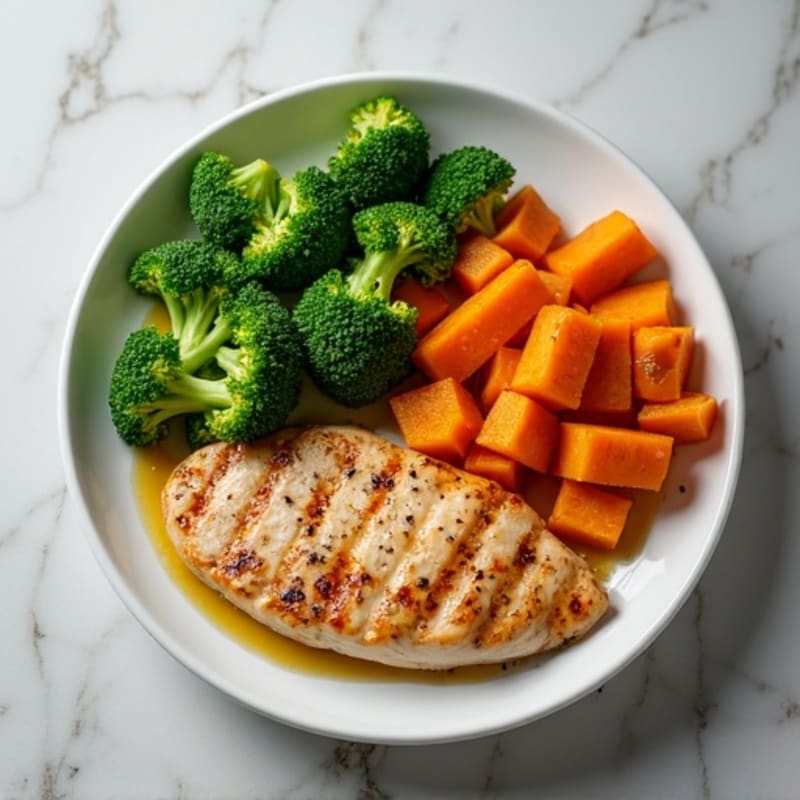 Grilled Chicken Breast with Steamed Broccoli and Roasted Sweet Potato