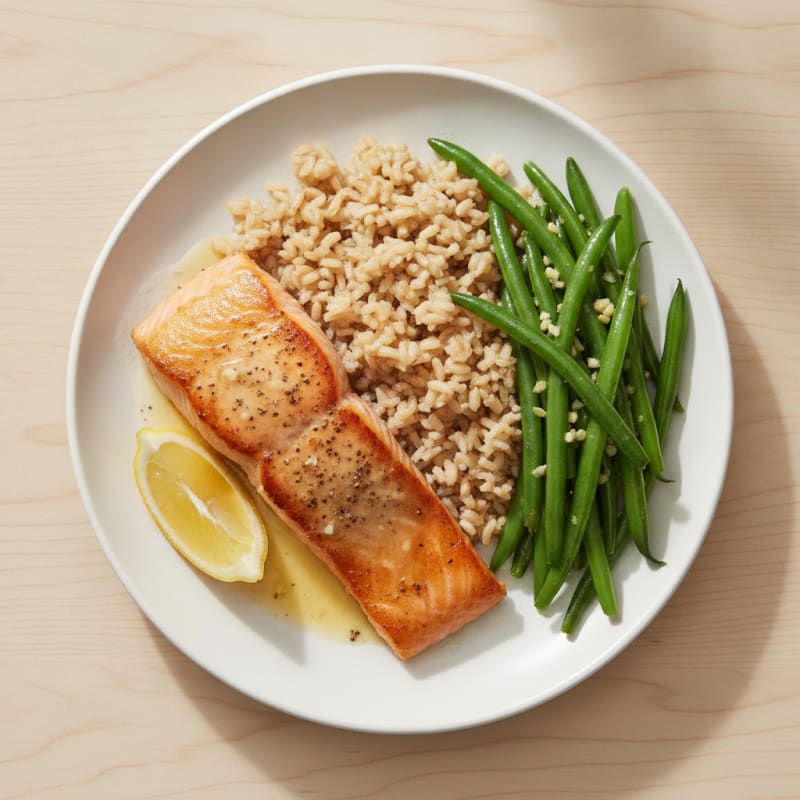 Seared Salmon with Garlic Green Beans and Brown Rice