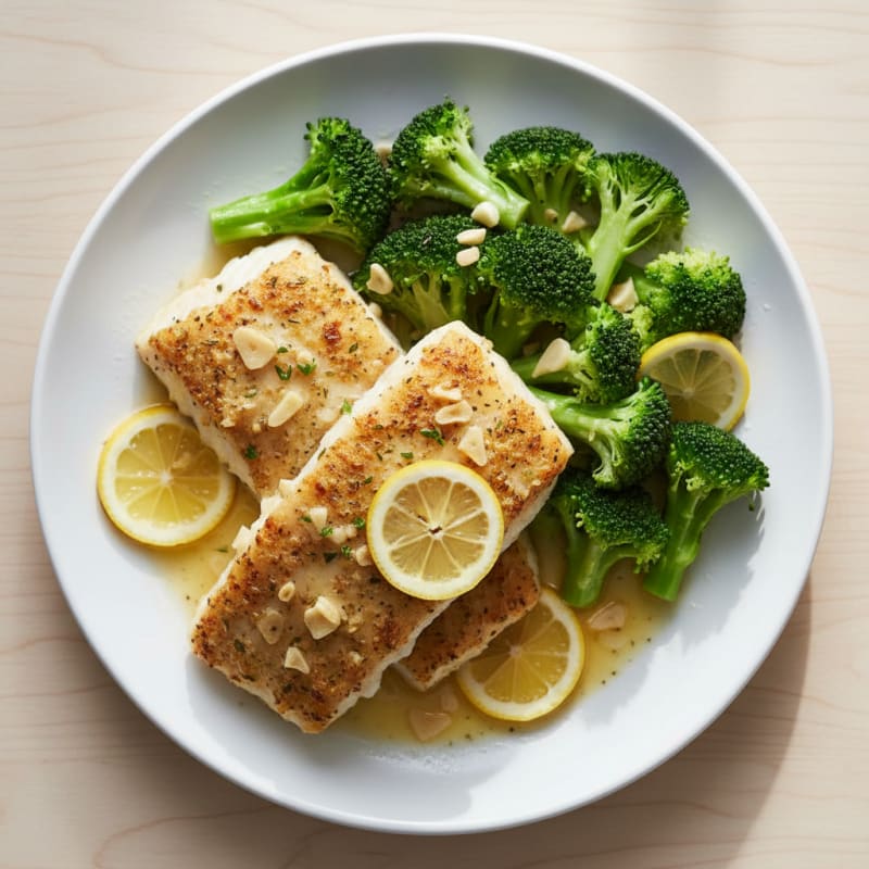Lemon Garlic Baked Cod with Steamed Broccoli