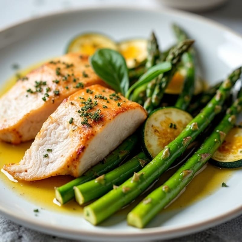 Seared Turkey Breast with Roasted Asparagus and Zucchini
