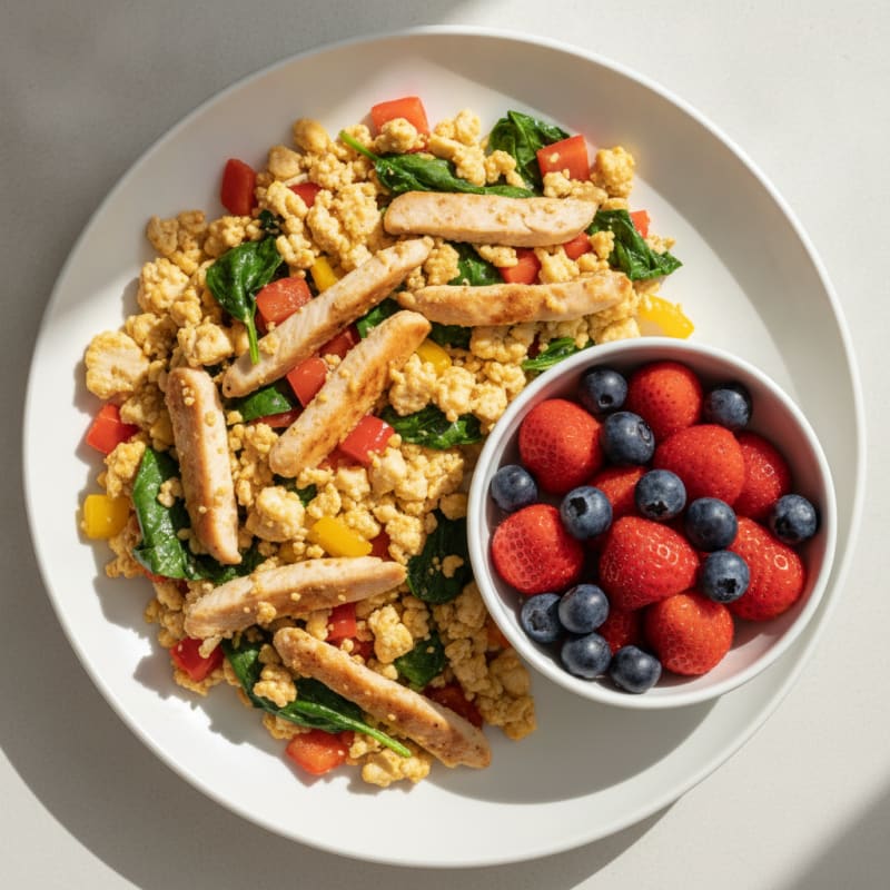 Egg White and Chicken Veggie Scramble with Fresh Berries