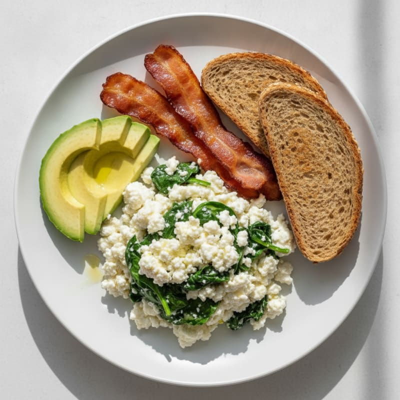 Cottage Cheese Egg White Scramble with Spinach and Turkey Bacon